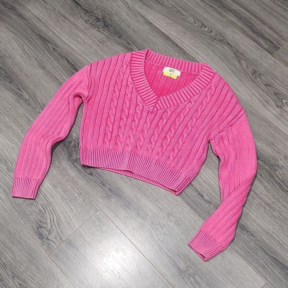 Madden NYC Pink Cropped Cotton Vneck Sweater